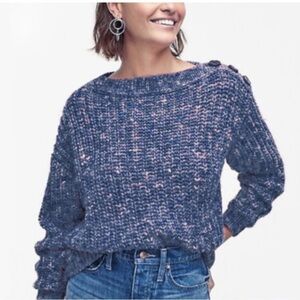 JCrew Button-Detail Wool Blend Chunky Knit Relaxed Pullover‎ Sweater Blue size M